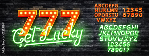 Vector neon sign of 777 Get Lucky with alphabet font isolated on the wall background.
