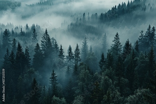 Misty foggy forest, fir mountains, natural mist landscape, dark woods view, mystery clouds on pine trees