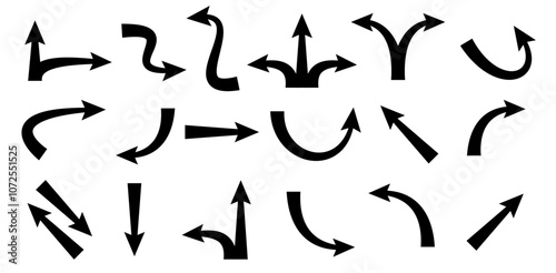 Collection of black arrow icons, way finding sign in various direction. Vector illustration. 