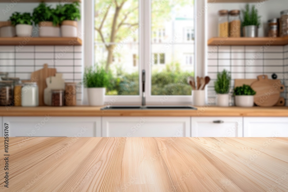 Empty wooden table top sits on blurred background of modern kitchen interior Empty wooden table top sits on blurred background of modern kitchen interior
