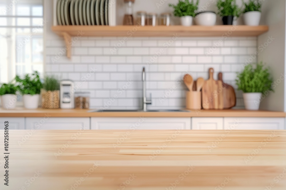 Empty wooden tabletop for product display in blurred modern kitchen Empty wooden tabletop for product display in blurred modern kitchen