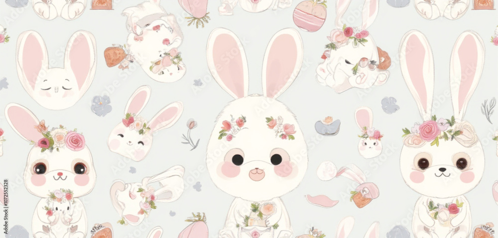 Seamless Pattern of Cartoon Bunnies with Floral Accents on a Light Background Seamless Pattern of Cartoon Bunnies with Floral Accents on a Light Background