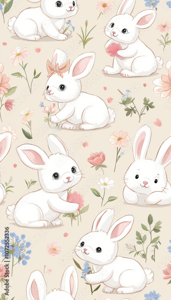 Adorable White Bunny Sitting in a Flower Meadow on a Sunny Day Adorable White Bunny Sitting in a Flower Meadow on a Sunny Day