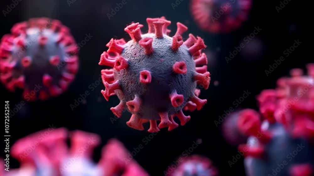 3D rendering of detailed virus cell structure with red protein spikes on grey surface against dark background, scientific visualization concept.