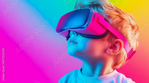 A child explores VR with colorful pop art glasses in a vibrant scene. Generative AI