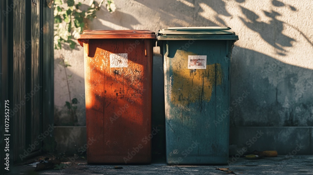 Obraz premium Two Weathered Trash Bins Against a Wall