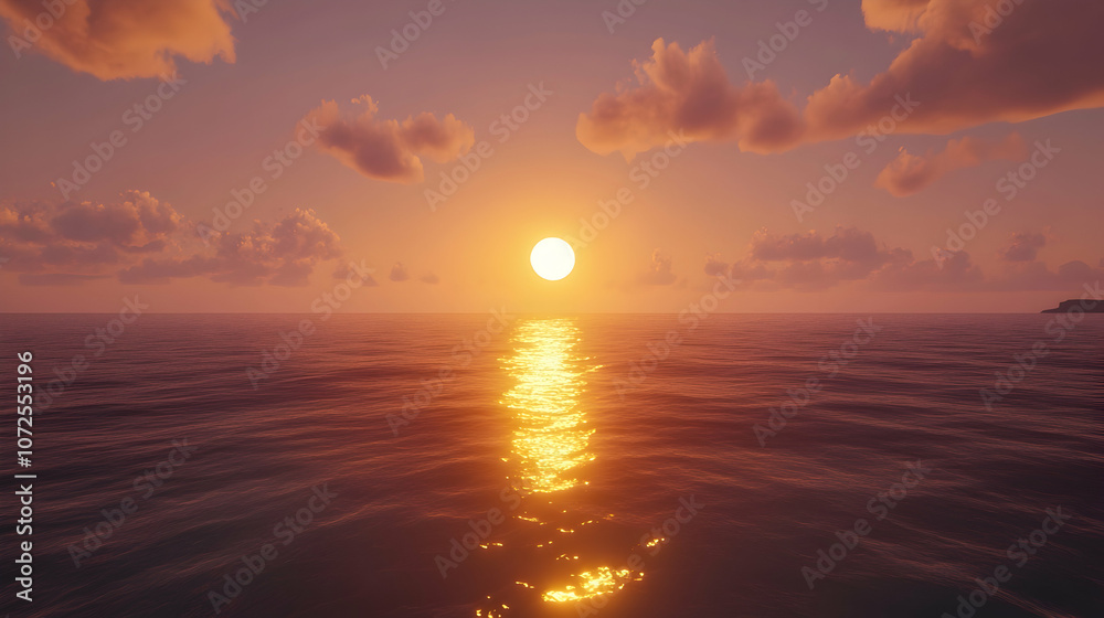 Obraz premium A golden sunset casts a warm glow over the calm ocean waters, creating a serene and tranquil atmosphere.