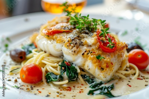 Fried Sea Cod Fillet with Spaghetti on White Restaurant Plate, Breaded Atlantic Codfish Filet