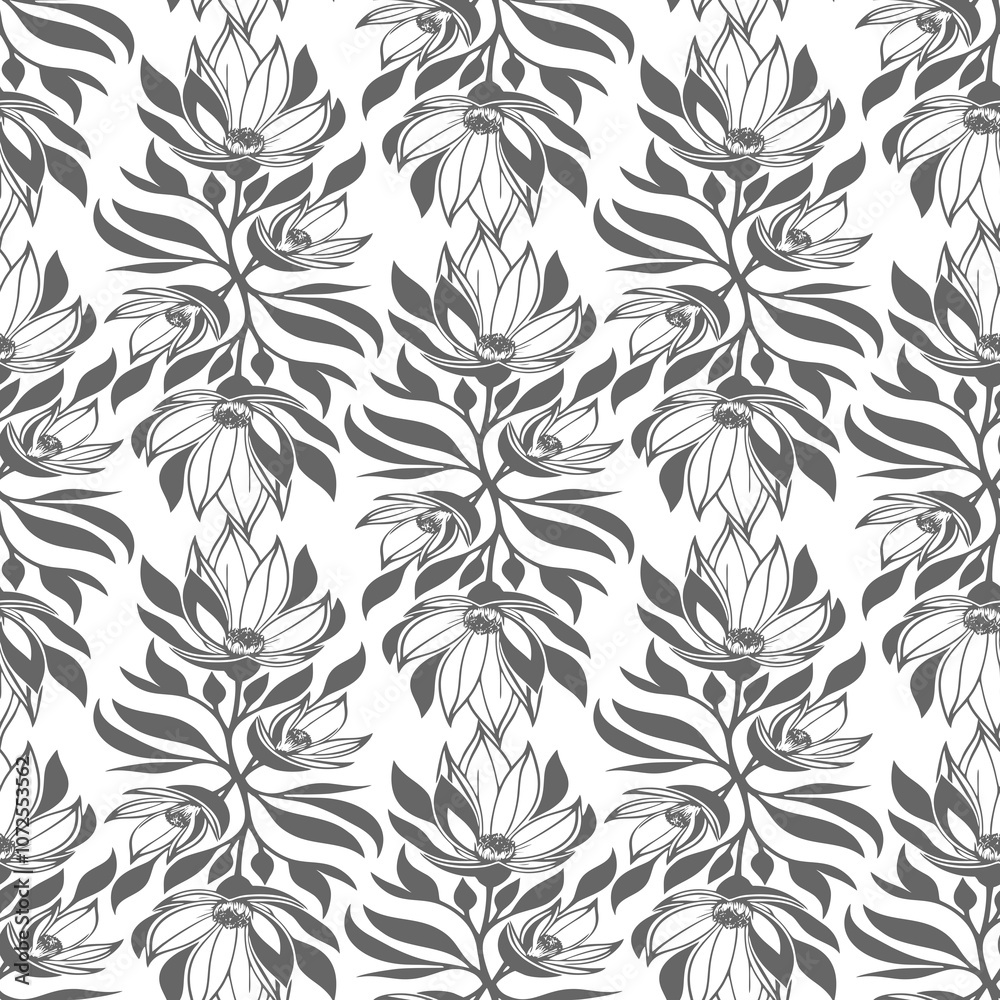 Obraz premium seamless gray graphic floral pattern on white background, texture