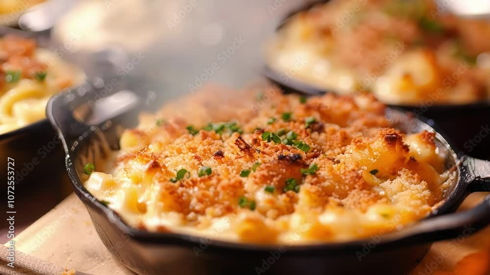 Macaroni and cheese topped with fresh herbs and breadcrumbs, baked golden brown and served in individual cast iron dishes Macaroni and cheese topped with fresh herbs and breadcrumbs, baked golden brown and served in individual cast iron dishes