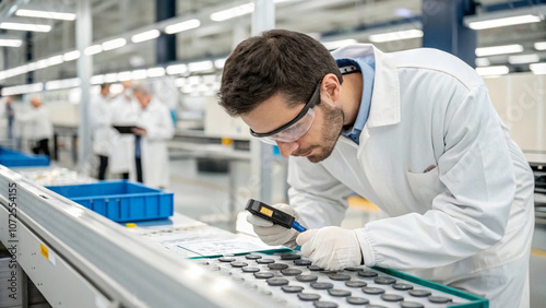 Quality Control Inspector Examining Parts on Assembly Line