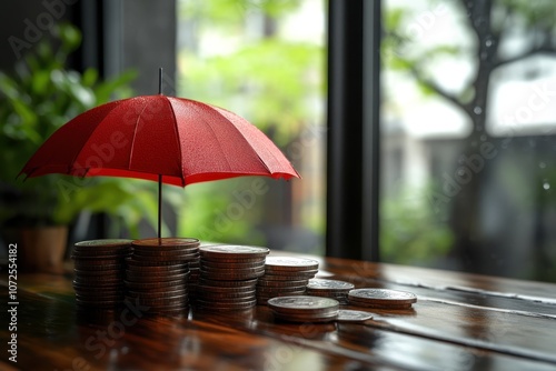 Wallpaper Mural A small red umbrella stands over stacks of coins on a wooden table in a cozy indoor setting Torontodigital.ca