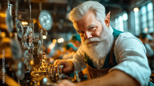 An older man with a long beard focuses intently on adjusting a complex mechanical device in a lively workspace