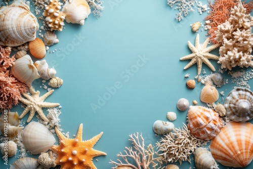 Colorful collection of seashells and corals arranged on a blue background for a coastal theme