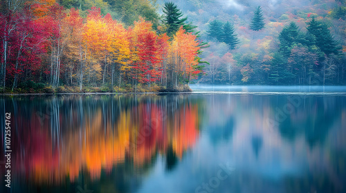 Lake with autumn foliage, reflecting vibrant colors of fall on the water's surface -