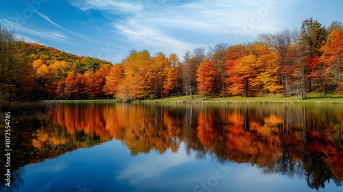 Lake with autumn foliage, reflecting vibrant colors of fall on the water's surface -