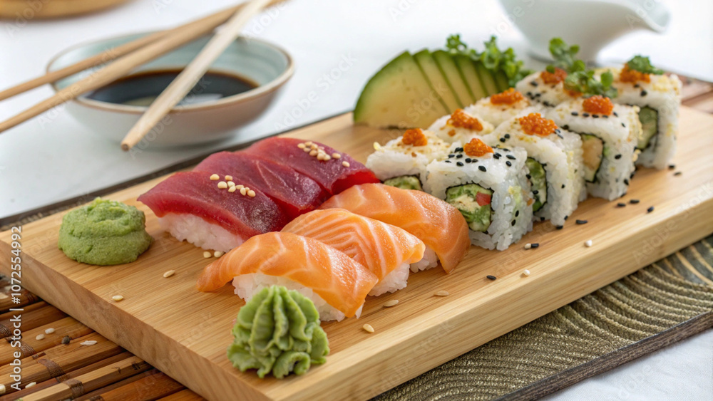 Delicious Sushi Platter with Salmon, Tuna, and Avocado Rolls Delicious Sushi Platter with Salmon, Tuna, and Avocado Rolls