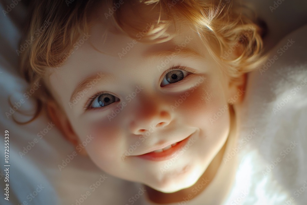 Close-up portrait of a smiling toddler with curly blonde hair, illuminated softly from the side, creating a warm and inviting look. Bright eyes and joyful expression. Close-up portrait of a smiling toddler with curly blonde hair, illuminated softly from the side, creating a warm and inviting look. Bright eyes and joyful expression.