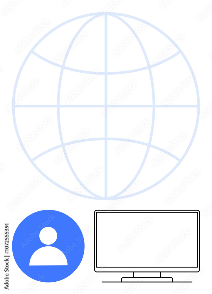 Globe symbolizing global reach, user profile icon in blue circle, computer monitor. Ideal for technology, communication, internet, networking, user interface online services digital marketing. Line Globe symbolizing global reach, user profile icon in blue circle, computer monitor. Ideal for technology, communication, internet, networking, user interface online services digital marketing. Line