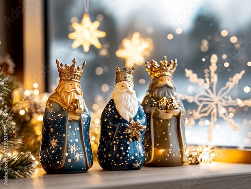 Three Kings figurines with crowns and gifts, symbolizing Epiphany, on a festive holiday background photo