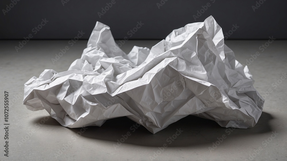 Crumpled white paper sculpture on a gray concrete surface with dramatic lighting