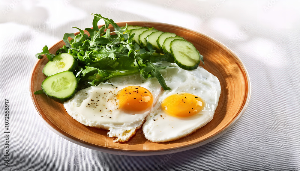 A nutritious breakfast featuring two fried eggs accompanied by fresh cucumber slices and leafy greens on a plate, perfect for a healthy diet A nutritious breakfast featuring two fried eggs accompanied by fresh cucumber slices and leafy greens on a plate, perfect for a healthy diet
