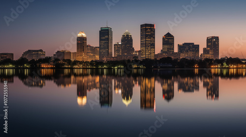 Cityscape at dusk with skyscrapers lighting up, reflections on a calm river, vibrant colors