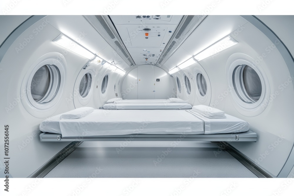 Modern sleeping pods in a minimalist design for travelers in a sleek white environment Modern sleeping pods in a minimalist design for travelers in a sleek white environment
