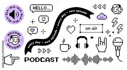 Set of radio podcast y2k pixel icons. Microphone, headphones, speech bubble, equalizer. Game abstract elements. Black color modern shape for collage, poster. Abstract geometric simple sign on white