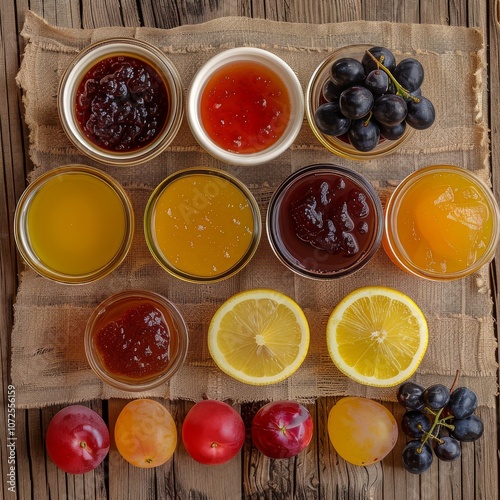 Various Homemade Jam Set, Pozzy Big Collection with Tea and Sliced Lemon on Rustic Tablecloth photo