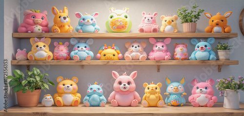 Seamless Pattern of Cartoon Plush Animals Arranged on Shelves