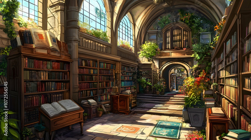 A grand library with bookshelves filled with books, a wooden desk with open books, and a large window with sunlight streaming in.