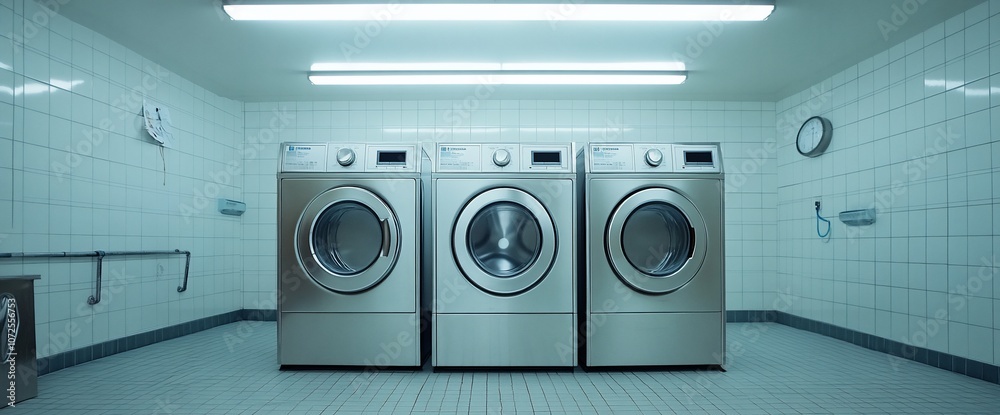 Fototapeta premium Three stainless steel washing machines in a tiled laundry room.
