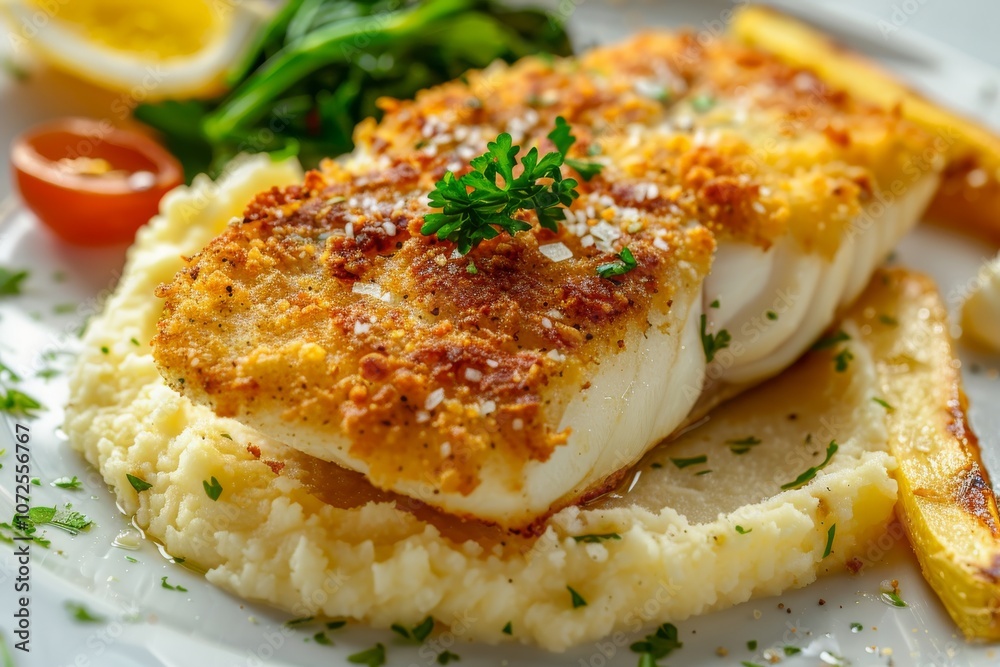 Breaded Halibut Fillet, Fried White Fish Meat with Parsnip Puree, Exquisite Seafood Dish Breaded Halibut Fillet, Fried White Fish Meat with Parsnip Puree, Exquisite Seafood Dish