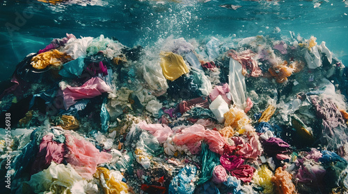 The sea, cluttered with fabric waste and frayed textiles, highlights the adverse impact of fast fashion on aquatic life and environmental ecosystems. photo