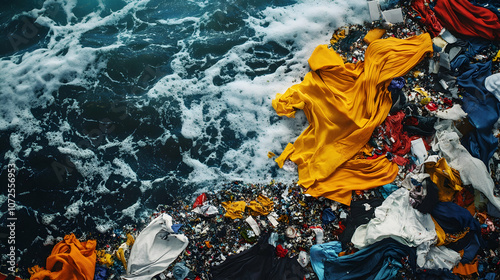 Ocean filled with textile waste and broken fabrics, depicting the impact of fast fashion on marine life and ecosystems -