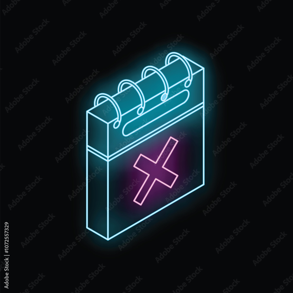 Neon calendar showing a canceled event with a bright pink cross glowing in the dark Neon calendar showing a canceled event with a bright pink cross glowing in the dark
