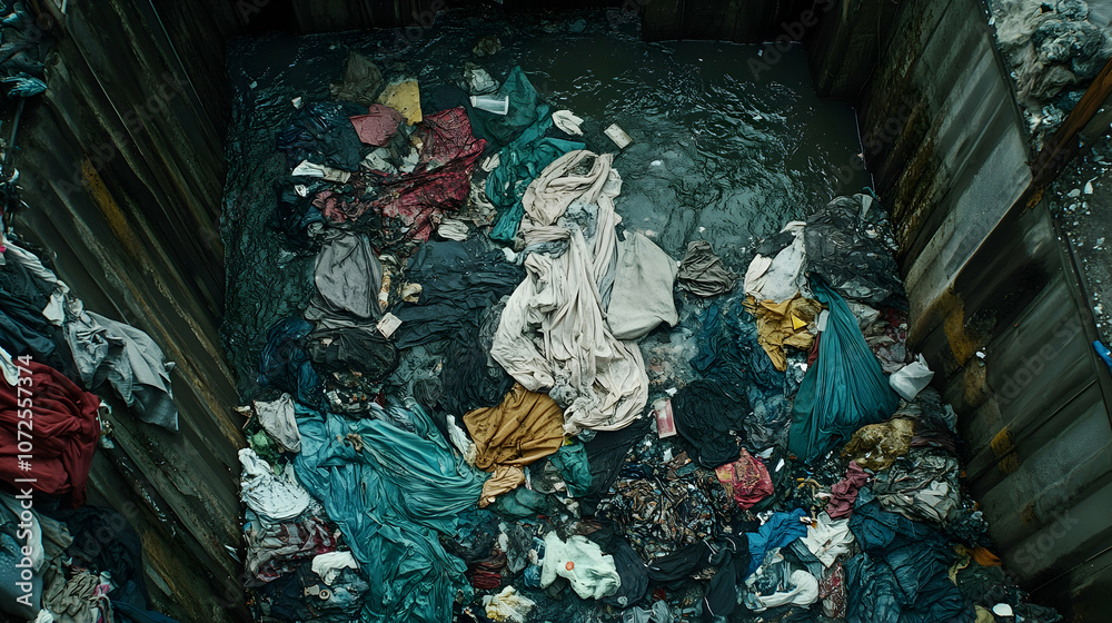 Fototapeta premium Piles of discarded clothing polluting rivers and landfills, depicting the environmental impact of fast fashion waste -