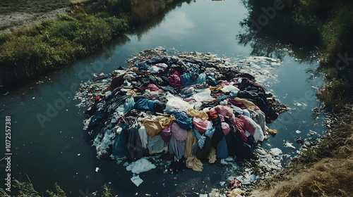 Piles of discarded clothing polluting rivers and landfills, depicting the environmental impact of fast fashion waste -