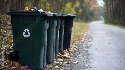 Green Recycling Bins Lined Up on a Path in the Woods