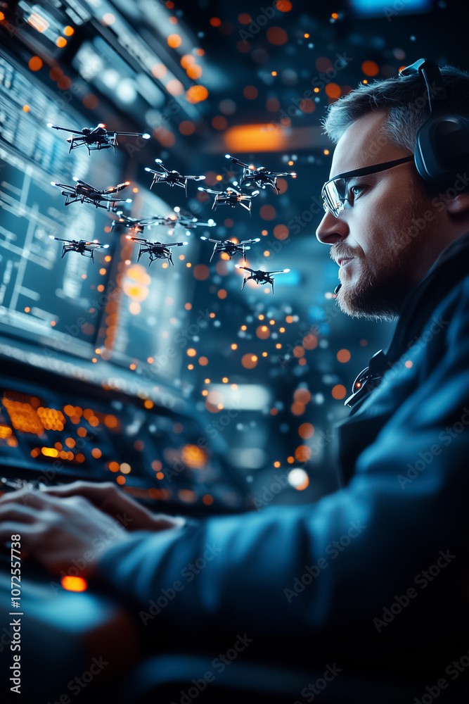 A man controls several drones while surrounded by glowing screens in a modern technological environment A man controls several drones while surrounded by glowing screens in a modern technological environment