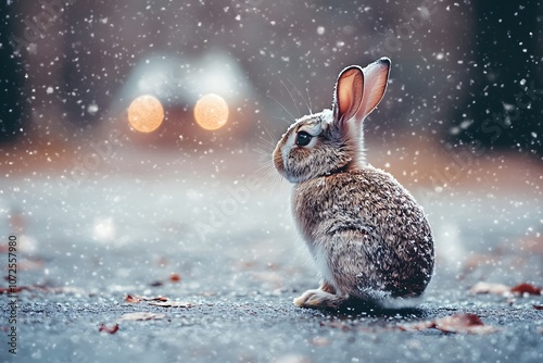 Wild rabbits in a winter scene, symbolizing vulnerability and the impact of human presence, a reminder of the need to protect wildlife from environmental threats and urban encroachment photo