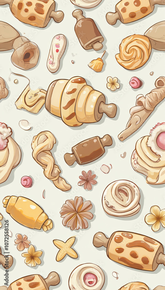 Seamless Pattern of Pastries, Bread Rolls, and Baking Tools on a Beige Background Seamless Pattern of Pastries, Bread Rolls, and Baking Tools on a Beige Background