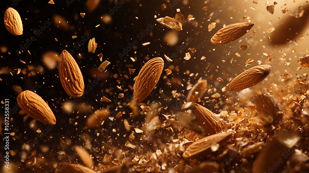 Bursting almonds scattering into shards energetically Bursting almonds scattering into shards energetically