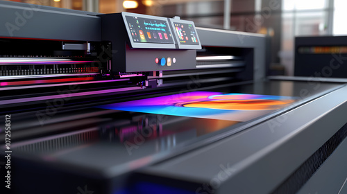 Largescale digital printer in action vibrant inks printing process visible industrial setting technology focus. Vibrant. Illustration