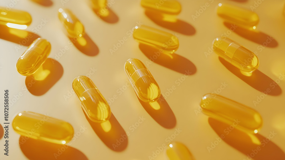 Scattered yellow capsules on a smooth surface, representing health and wellness concepts - Scattered yellow capsules on a smooth surface, representing health and wellness concepts -