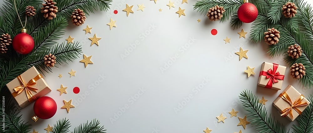 Christmas Holiday Frame with Red Ornaments, Pinecones, and Greenery on Beige Background Christmas Holiday Frame with Red Ornaments, Pinecones, and Greenery on Beige Background