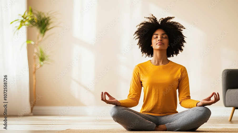 A calm woman meditating in a bright room, embracing tranquility and mindfulness. A calm woman meditating in a bright room, embracing tranquility and mindfulness.