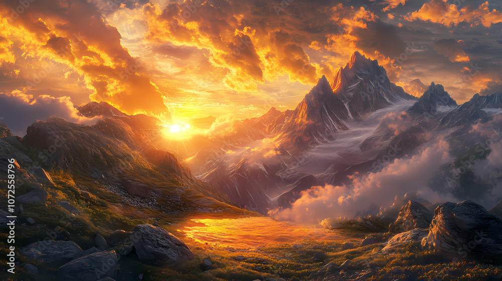 Fototapeta premium Majestic mountain sunset landscape with golden clouds and sun rays. Vibrant. Illustration
