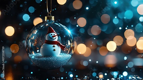 A cheerful snowman ornament inside a glass globe surrounded by shimmering lights. photo